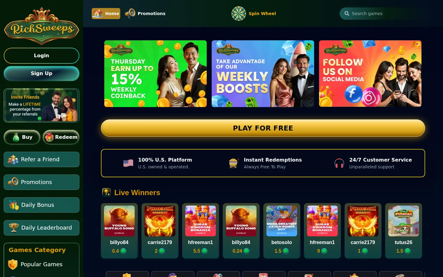Screenshot of the RichSweeps website
